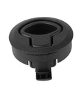 Round flush pull slam latch, black plastic, front view