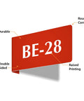 Heavy Duty Horizontal Warehouse Aisle Signs Custom Engraved L Shaped Rack Markers With Kickass Durable ABS Plastic Build Pre Drilled Mounting Holes Ready To Hang Made In Usa showing red double-sided sign with raised printing.