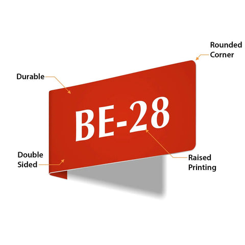 Heavy Duty Horizontal Warehouse Aisle Signs Custom Engraved L Shaped Rack Markers With Kickass Durable ABS Plastic Build Pre Drilled Mounting Holes Ready To Hang Made In Usa showing red double-sided sign with raised printing.