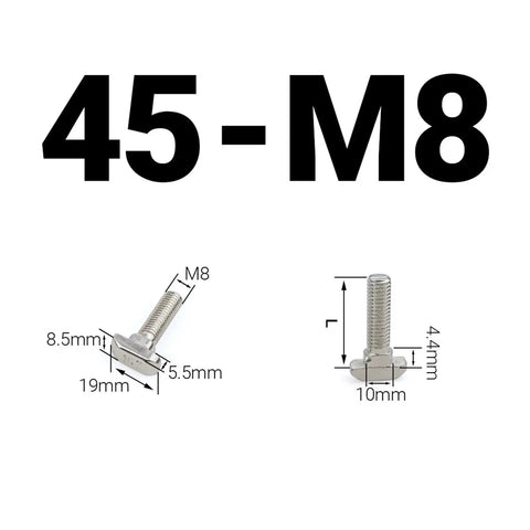 Nickel Plated Steel Hammer Head T Bolts M5 To M10 For 20 30 40 45 Aluminum Profile Connectors, size M8 with dimensions labeled.