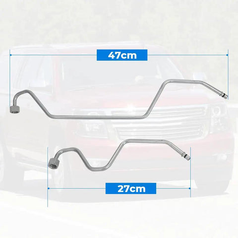 Beefed Up Rack And Pinion Transfer Lines Replacement Kit Direct Fit For 2008 2014 Tahoe Suburban Avalanche Yukon Sierra Silverado And Cadillac Escalade ESV 15254059 15254058, showing two iron hydraulic lines with dimensions 47cm and 27cm.