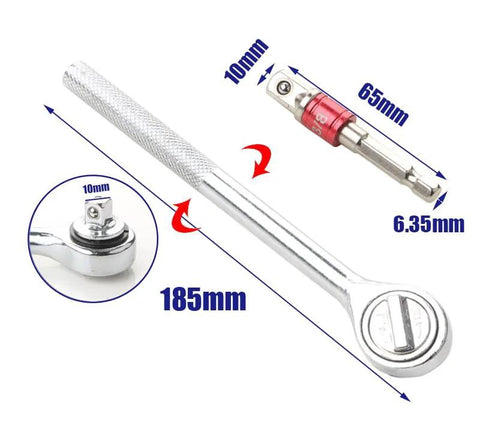 Silver metal universal adjustable drive socket sleeve (10–19 mm) with 3/8 in hex shank adapter.