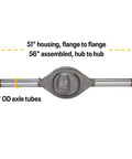 Ford 9 Inch Rearend Axle Housing Kit With 31-Spline Forged Steel Axles, 56 Inch Wide, showing dimensions and axle tubes