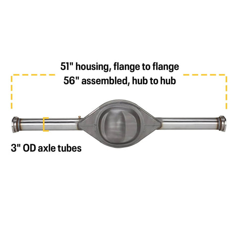 Ford 9 Inch Rearend Axle Housing Kit With 31-Spline Forged Steel Axles, 56 Inch Wide, showing dimensions and axle tubes
