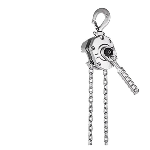 One Ton Aluminum Lever Hoist With Portable Chain Lifting Tackle Made For Light Job Site Work Featuring Rugged Alloy Build And Easy Grip Handles.