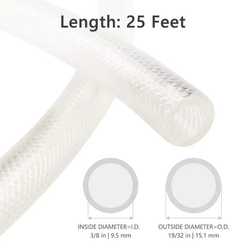 Three Eighth Inch ID 25 Foot High Pressure Braided Clear PVC Vinyl Tubing showing dimensions and texture.
