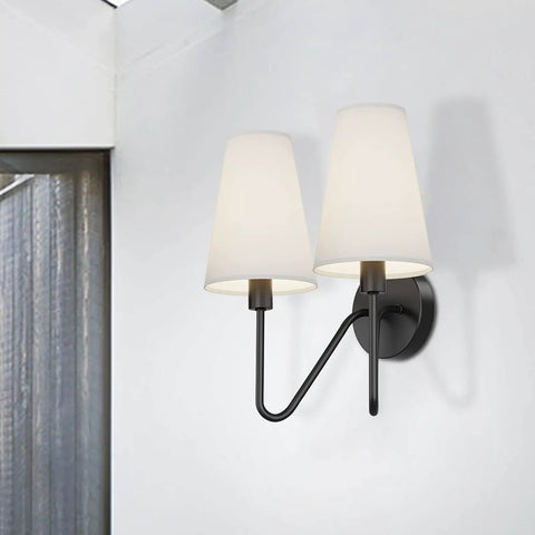 Two Light Wall Sconce Fixture In Black With Cream White Linen Lamp Shades, E12 Candelabra Base, Mounted on Wall, Cozy Vintage Vibe