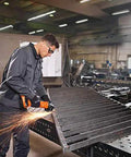 Beast Mode 18V Cordless Angle Grinder With Tool Free Adjustable Safety Guard And Quick Clamping Nuts For Lightning Fast Setup Runs Smooth On 12 To 18 Volt Li Ion Batteries Includes Durable Stackable Case used for metal cutting with sparks.
