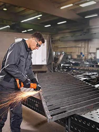 Beast Mode 18V Cordless Angle Grinder With Tool Free Adjustable Safety Guard And Quick Clamping Nuts For Lightning Fast Setup Runs Smooth On 12 To 18 Volt Li Ion Batteries Includes Durable Stackable Case used for metal cutting with sparks.
