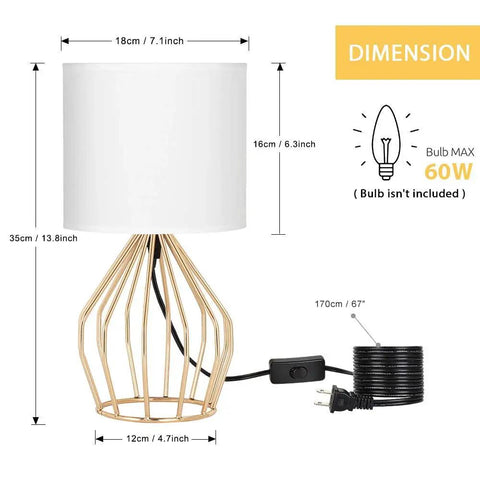 Gold Modern Farmhouse Table Lamps Set Of 2 With Hollowed Out Base And White Fabric Shade, dimensions and cord length visible