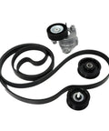 Must-Have Drive Belt Tensioner Pulley Kit A2722000270 That Totally Fits Your Benz C300, C350, E350, And E550 For Smooth Operation And Reliable Performance On The Road. black serpentine belt kit with tensioner and pulleys on white background