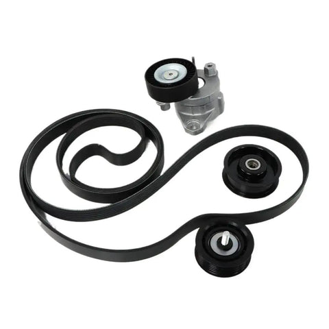Must-Have Drive Belt Tensioner Pulley Kit A2722000270 That Totally Fits Your Benz C300, C350, E350, And E550 For Smooth Operation And Reliable Performance On The Road. black serpentine belt kit with tensioner and pulleys on white background