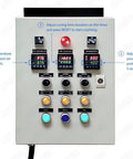 Front view of Powder Coating Oven Control Panel with light and fan control, showcasing dual PID temperature controllers and timers.