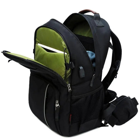 Padded Camera Backpack With Anti Theft Nylon Build For SLR Gear Fits 15.6 Inch Laptop Detachable Dividers Water Resistant Open View