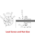 Technical diagram of 400mm 8mm T8 Lead Screw Kit with Copper Nut dimensions and specifications for 3D printers