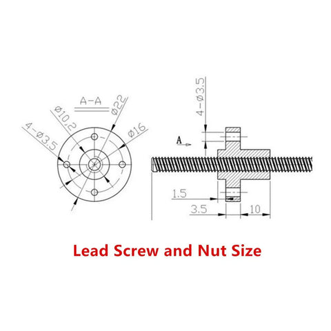 Technical diagram of 400mm 8mm T8 Lead Screw Kit with Copper Nut dimensions and specifications for 3D printers