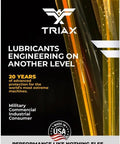 Triax lubricant label with 20 years protection branding and USA logo