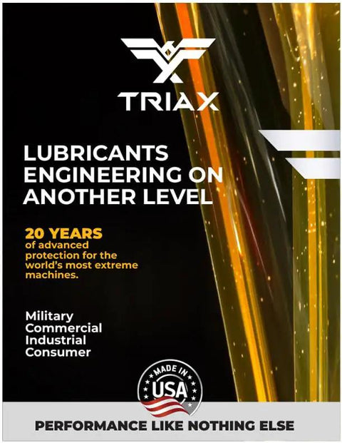 Triax lubricants packaging with 'Engineering on Another Level' slogan and USA made logo.