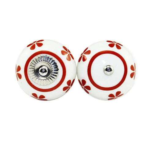 Vintage Ceramic Cabinet Knobs And Hand Painted Drawer Pulls With Sturdy Iron Mounts showcasing floral red patterns on white ceramic.