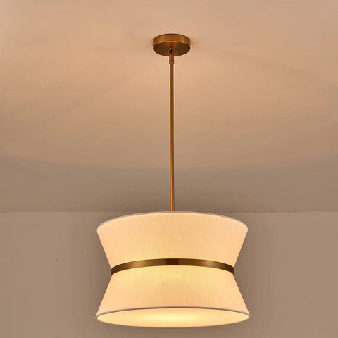 Slick Modern Pendant Chandelier with Off White Fabric Shade and Brass Finish Adjustable Hanging Light, UL Listed, 18 Inch