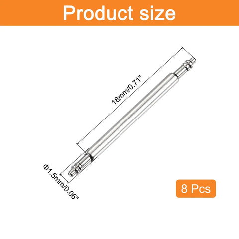 Heavy Duty Full 8PC Set Stainless Steel Watch Spring Bar Pins 1.5X18MM showing size and dimensions for strap swapping.
