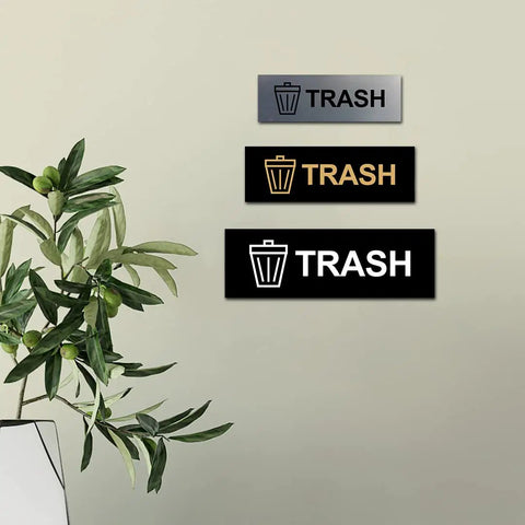Basic Trash Sign Brushed Silver Small For Walls Or Doors, Durable Plastic With Clear Text, No Tool Needed Fast Install in office