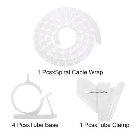 Spiral Tube Wrap Cable Kit For Wire Management 1.5M 22mm PE Flexible White Cable Sleeves with bases and clamp for wiring projects.
