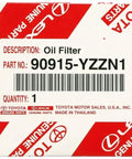 Toyota 90915-YZZN1 OEM Engine Oil Filter packaging for Toyota and Lexus, barcode visible, quantity one, genuine parts