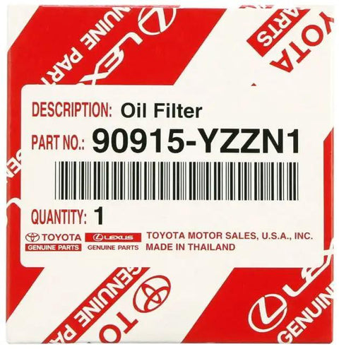 Toyota 90915-YZZN1 OEM Engine Oil Filter packaging for Toyota and Lexus, barcode visible, quantity one, genuine parts
