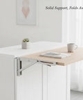 Space Saving Folding Shelf Bracket For Garage And Workshop with wood table attached, displayed in open position.