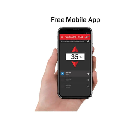Smartphone displaying Air Lift LoadLifter 5000 Air Spring Kit WirelessOne 2nd Gen control app in hand, PSI 35 shown.