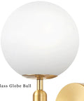 Gold Glass Globe Wall Sconce Light With Mid Century Vibe Indoor Wall Mounted Lamp showing gold base and white globe close-up.