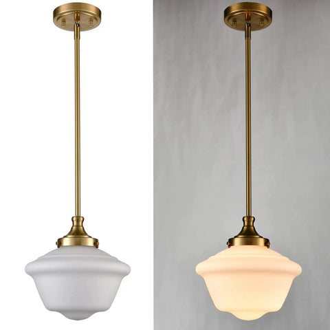 Modern Gold Schoolhouse Pendant Light With White Glass Shade, brass fixture, dual lighting, adjustable height for kitchen or dining room.
