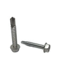 Get Your Hands On These Badass #14 X 1-1/4 Inch Hex Washer Head Self Drilling Steel Screws, showing two steel screws with hex heads.