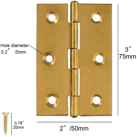 Four Pack Gold Door Hinges 3 Inch Stainless Steel Butt Hinges with measurement details and screw included