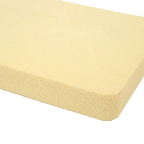 Close-up of lightweight hydrofoil PVC foam box with tough wear resistance, shown in beige color, corner angle view.
