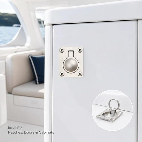 2 Pack Flush Ring Pulls For Boat Hatches And Marine Doors, Stainless Steel 316 Recessed Pull Handle, shown on yacht cabinet