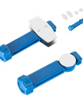 Front view of blue VONMAOGU bicycle hydraulic disc brake piston reset tool with metal caliper spreader plate.