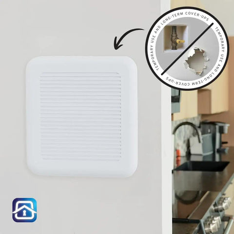 No Sweat Easy Patch Wall Repair Access Panel Instantly Conceals Drywall Holes Up To 7 5 Inches on white wall with kitchen background.