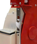 Close-up of red and silver Adjustable Handheld Fertilizer Applicator For Garden And Lawn Manual Single Cylinder Planter mechanism
