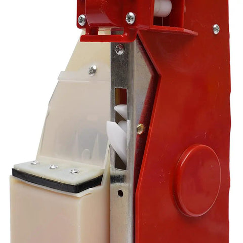 Close-up of red and silver Adjustable Handheld Fertilizer Applicator For Garden And Lawn Manual Single Cylinder Planter mechanism
