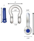 Heavy Duty Seven Eighths Inch Forged Anchor Shackle Built Tough For Towing And Rigging, size dimensions detail view, Four Pack
