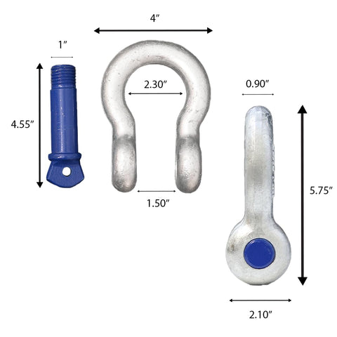 Heavy Duty Seven Eighths Inch Forged Anchor Shackle Built Tough For Towing And Rigging, size dimensions detail view, Four Pack