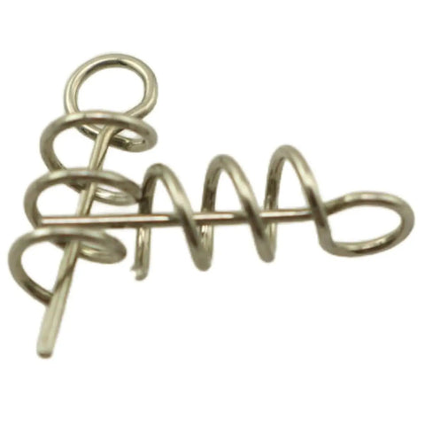 Close-up of 304 stainless steel Spring Lock Crank Hook Pins for Soft Baits, 1.5 cm, used for worm baits and lead head soft plastics.