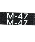 Close-up of Reliable Heavy Duty Industrial Rubber V-Belt M-47, showing label details, suitable for power transmission.