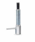 Threaded Spring Indexing Pin With Cross Handle Easy Pull Locator Plunger For Jigs And Automation Gear Bullseye Alignment Pin with hex base and plunger.