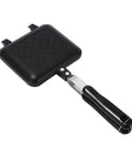 Nonstick Panini Press With Insulated Handle Aluminum Alloy Construction Quick Heat Toasted Maker showing black grilling surface and handle.