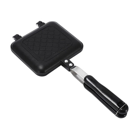 Nonstick Panini Press With Insulated Handle Aluminum Alloy Construction Quick Heat Toasted Maker showing black grilling surface and handle.
