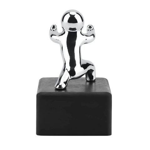 Heavy Duty Non Slip Door Stopper With Rubber Base For Kid And Pet Safety featuring a sleek metal figure on a black base