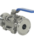 Angled front view of VARMHUS 1/2 in sanitary ball valve with blue lever, stainless steel, 1.5 in tri-clamp ends.
